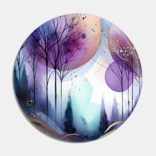 Abstract Watercolor Trees Purple and Gold Pin