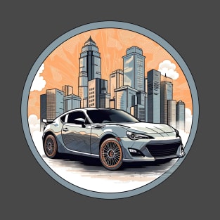 Toyota GT 86 inspired car in front of a vintage modern city skyline T-Shirt