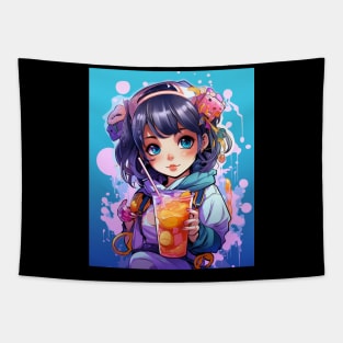 Kawaii Anime Girl Drinking Boba Tapestry