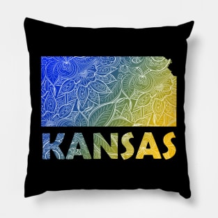 Colorful mandala art map of Kansas with text in blue and yellow Pillow