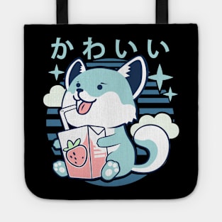 Kawaii Aesthetics Japanese Strawberry Milk Shake かわいい Fox - Blue - Strawberry Milk Tote