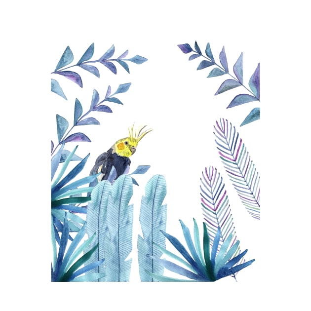 Cockatiel with tropical foliage watercolor design by Sandraartist