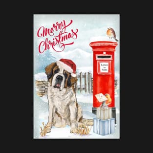 Saint Bernard Merry Christmas Santa Dog Holiday Greeting T-Shirt