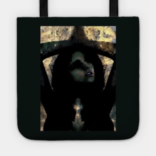 Portrait, digital collage, special processing. Beautiful but dark, like witch, woman. Tale. Yellow and gray. Tote