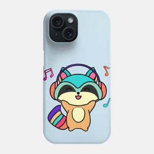 Happy smiling baby raccoon with headphones. Kawaii cartoon Phone Case
