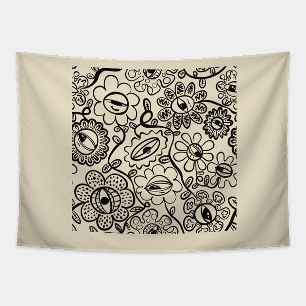 Graphic Eye Flower Pattern Black Ink Linework Tapestry by SubtleSplit