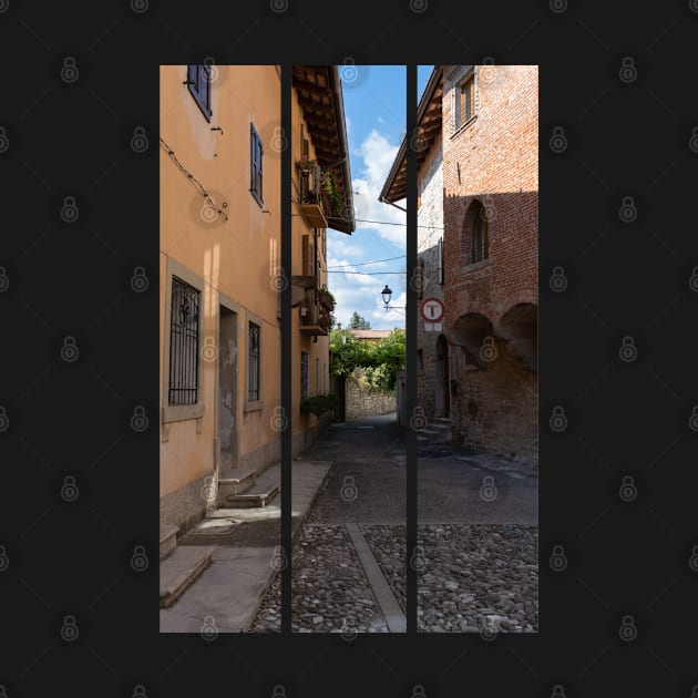 North Italy Life in the center of the lombard medieval city. Walking through narrow streets and walls. Sunny summer day. (vertical) by fabbroni-art