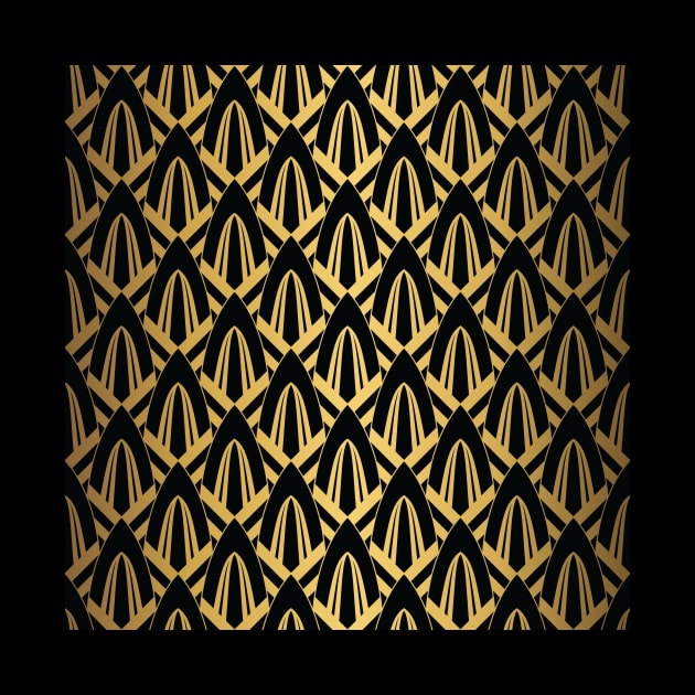 Gold Foil on Black Retro Vintage Art Deco Geometric Cross-Hatched Cone Pattern by podartist