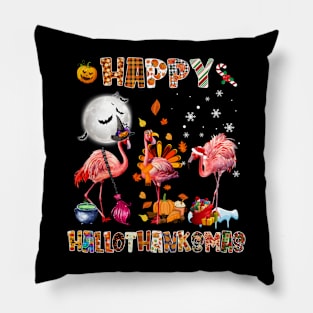 Cute Flamingo HalloThanksmas Happy Halloween Thanksgiving Shirt Pillow