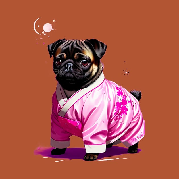 Tranquil Pug in Pink Hanbok Enjoying the Serenity of Moonlight by fur-niche