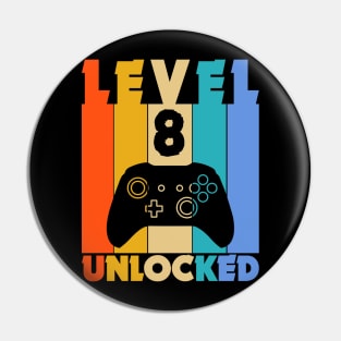 Level 8 Unlocked Funny Video Gamer Birthday Novelty T-Shirt Pin