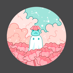 A ghost and a frog wearing a flower hat in a flower field T-Shirt