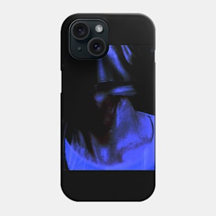 Portrait, digital collage and special processing. Neck close up. Strong guy in leather mask. Blue. Phone Case