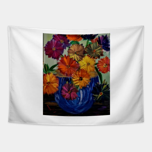 Some abstract vibrant colorful flowers in a glass vase with gold accent on base and top of vase Tapestry by kkartwork