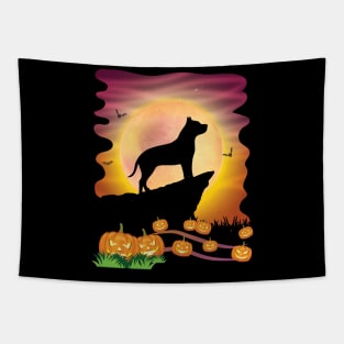 Pitbull Dog On Mountain With Moon Pumpkins Bat Halloween Day Tapestry