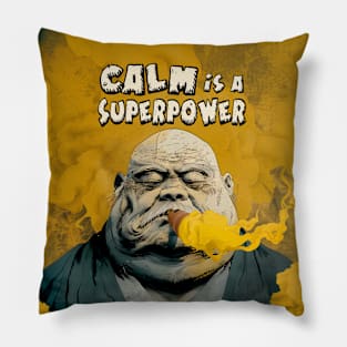 Puff Sumo: Calm is a  Superpower on a Dark Background Pillow