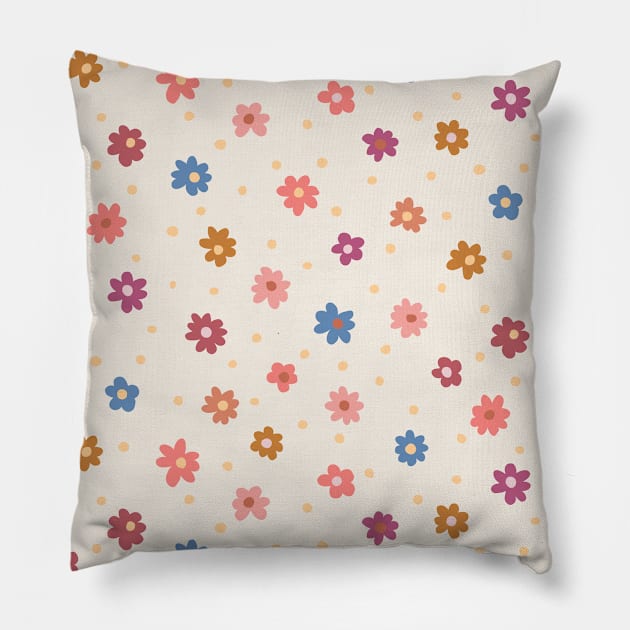 Scattered Daisy field with  orange, pink and blue floral on warm cream background Pillow by FrancesPoff
