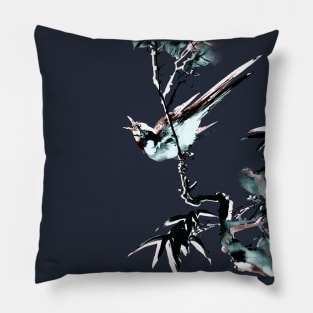 Bird singing, Japanese woodblock painting by blacklinesw9 Pillow