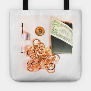 Bitcoin coin, gold and money. Concept of mining business, wealth, bonus, success Tote