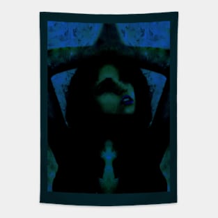 Portrait, digital collage, special processing. Beautiful but dark, like witch, woman. Tale. Blue, green and dim. Tapestry