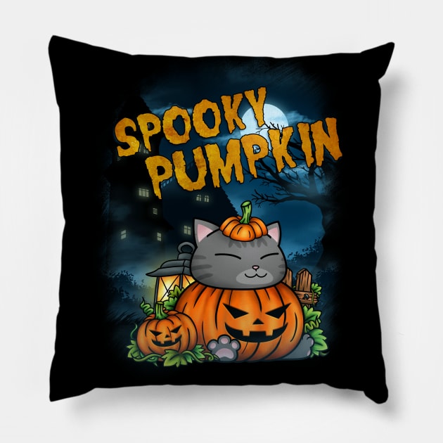 Halloween Pumpkin Cat Pillow by Takeda_Art