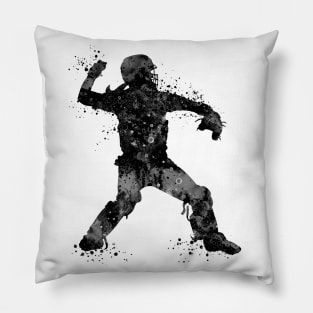 Girl Baseball Catcher Black and White Silhouette Pillow