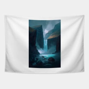 Painting - Low angle view of waterfall into the ocean of Faroe Islands in Europe, Tapestry