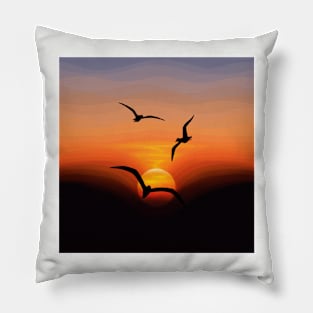 Flock of Birds Silhouette Against a Sunset, Landscape Digital Illustration Pillow