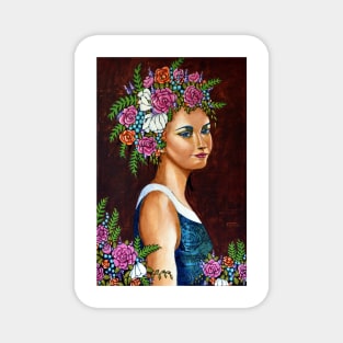 Abundance : portrait of a woman with flowers in her hair Magnet