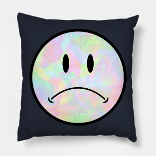 Holo Trippy Sad Frown Face Black Outline closer eyes Pillow