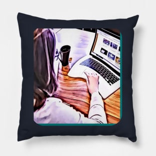 Woman working white coat and laptop make money Pillow