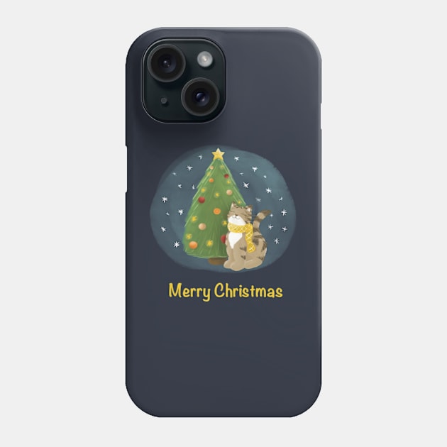 Merry Christmas cat with Christmas tree Phone Case by AbbyCatAtelier