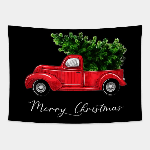 Merry Christmas Retro Vintage Red Truck Tapestry by Soema