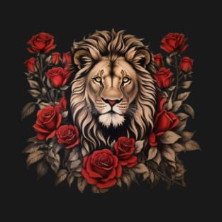 majestic lion surrounded by vibrant red roses T-Shirt