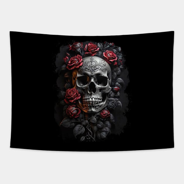 Skull and Flowers Tapestry by Pictozoic