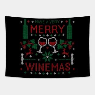 Merry Winemas Funny Wine Lover Ugly Christmas Sweater Design Tapestry