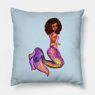 Mermaid  with rainbow coloured colored fins, outstretched  arm, brown eyes, Curly hair  and caramel brown skin - light background Pillow