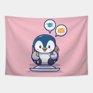 Cute Penguin Write On Paper With Pencil Tapestry