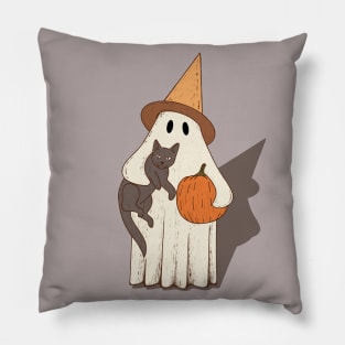 Vintage Ghost with Cat Halloween Graphic Pillow