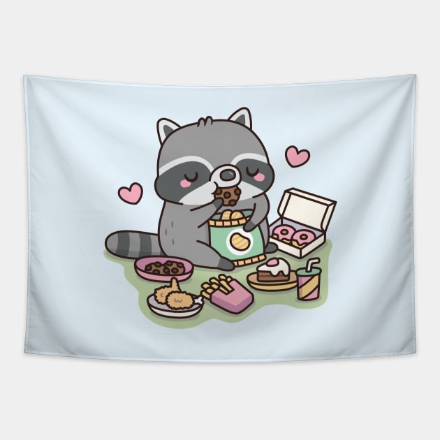 Cute Chubby Raccoon Loves Eating Junk Food Tapestry by rustydoodle