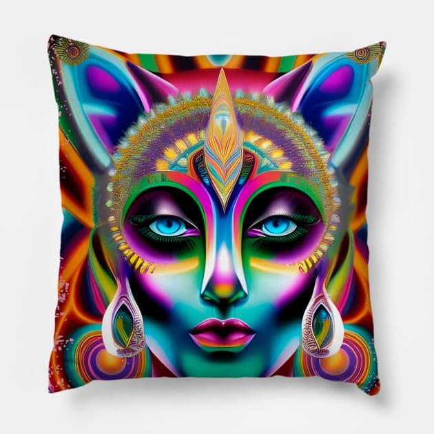 Catgirl DMTfied (26) - Trippy Psychedelic Art Pillow by TheThirdEye