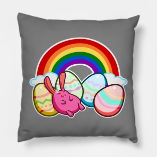 Easter Rainbow Pink Bunny Rabbit Sleeping On Colorful Eggs Pillow