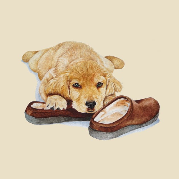 cute puppy golden retriever cuddling slippers by pollywolly