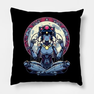 Meditating Cybernetic girl, buddha Pillow