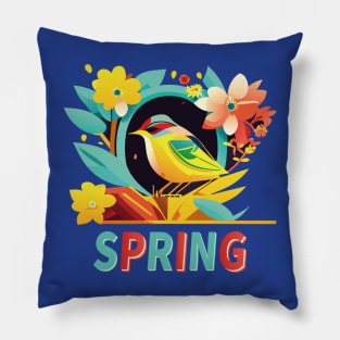 Whispers of Spring: Serene Floral and Bird Art Print Pillow