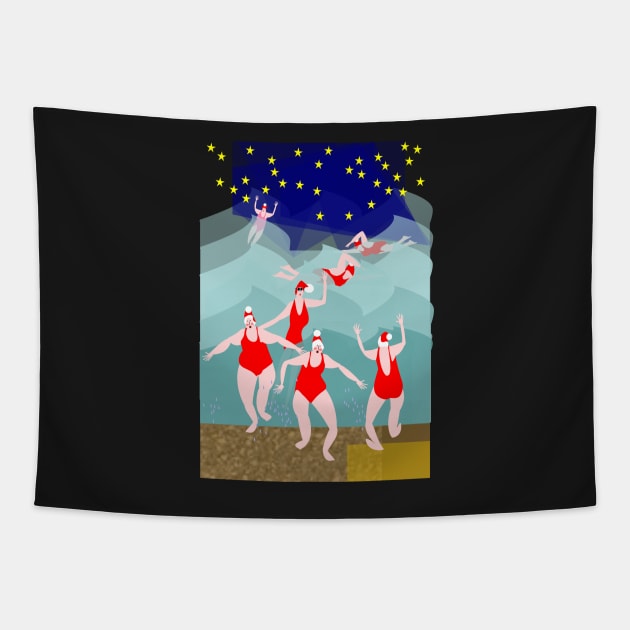 Wild Swimming at Christmas Tapestry by krisevansart