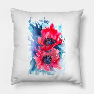 Pink Poppy flowers Watercolor Painting Pillow