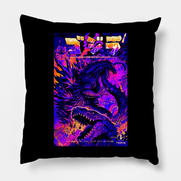 Retro God Is Godzilla Pillow by Bentonhio