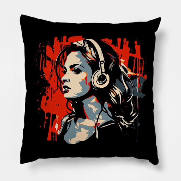 Beautiful Girl with Headphones artwork Pillow by KOTOdesign