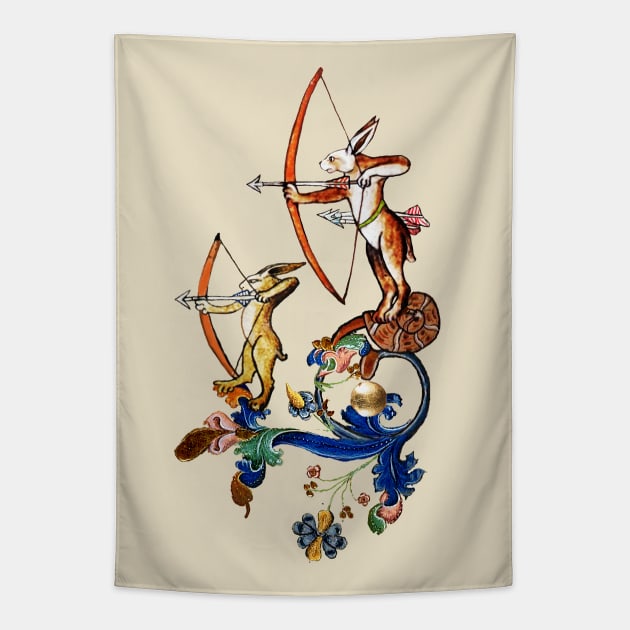 WEIRD MEDIEVAL BESTIARY, ARCHER RABBITS ON FLORAL SWIRLS Tapestry by BulganLumini